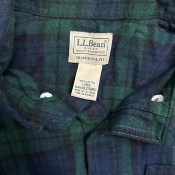 LL Bean Green and Blue Plaid Flannel Button-Up Shirt Traditional Fit - Picture 3 of 4
